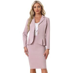 Skirt Suit Set 2 Piece Outfits Office Peplum Blazer Pencil Skirt Pink